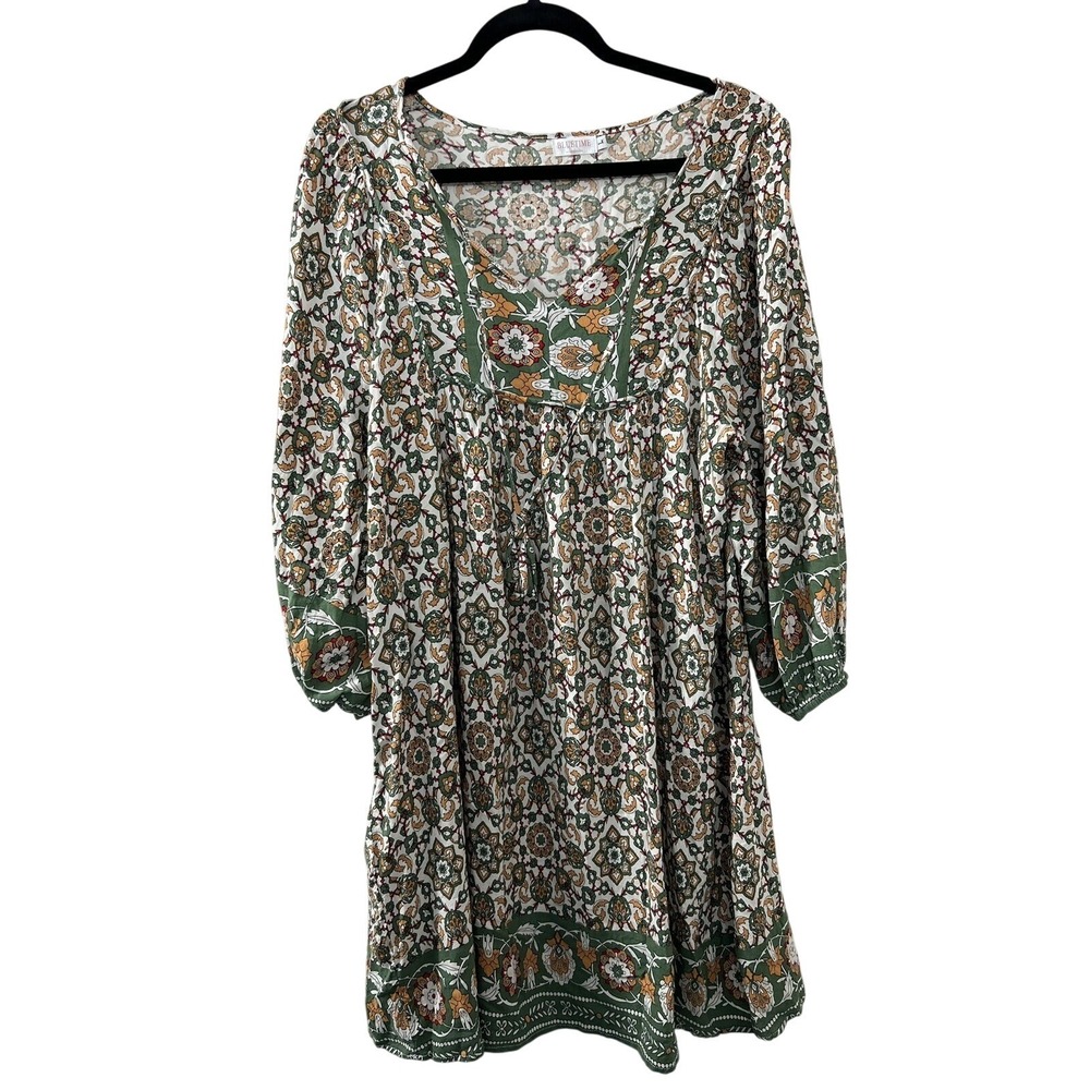 Bluetime Floral Medallion Tunic Dress L Green Boho‎ Tassel Peasant Cottagecore